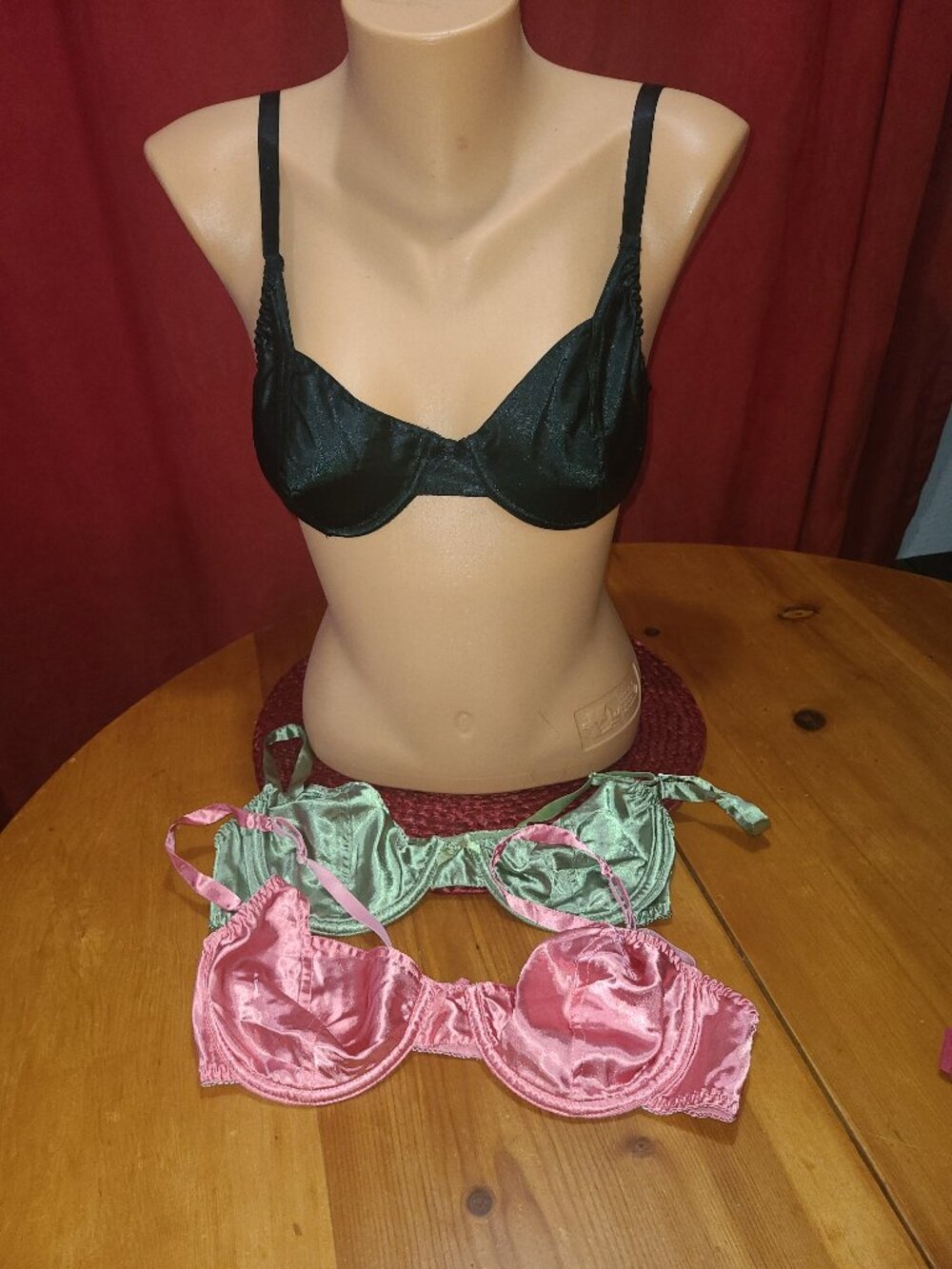 Set of 3 VTG 90's Satin Bra 34C Bow Accent Unlined UW Black Pink Green Hong Kong